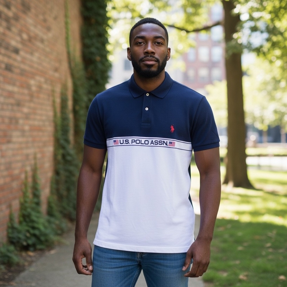 US Polo Assn Mens Polo Shirt Navy Blue White Colorblock Flag Logo 11D18630 L